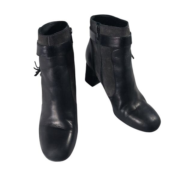 BORN! BLACK GENUINE LEATHER & GRAY SUEDE ANKLE HARNESS CHUNKY HEEL BOOTS! SZ 9M - Picture 2 of 11